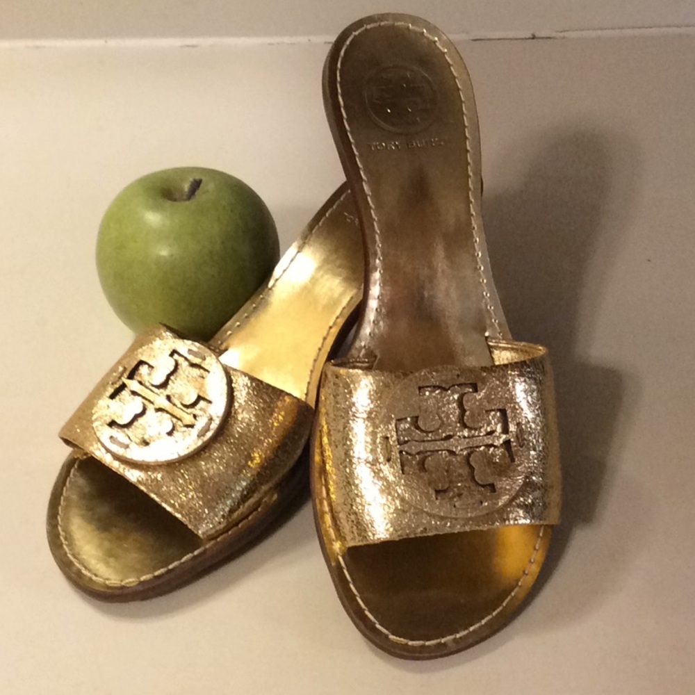 Tory Burch Logo  Gold Crackle Slides